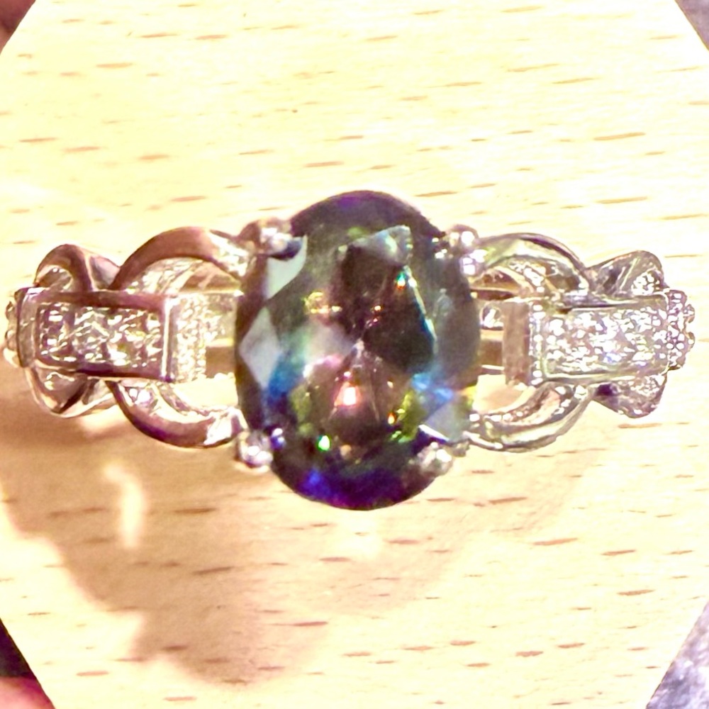 Mystic Topaz Stone Sterling Silver 925 Ring with Clear Stones Size 9 - Picture 5 of 5